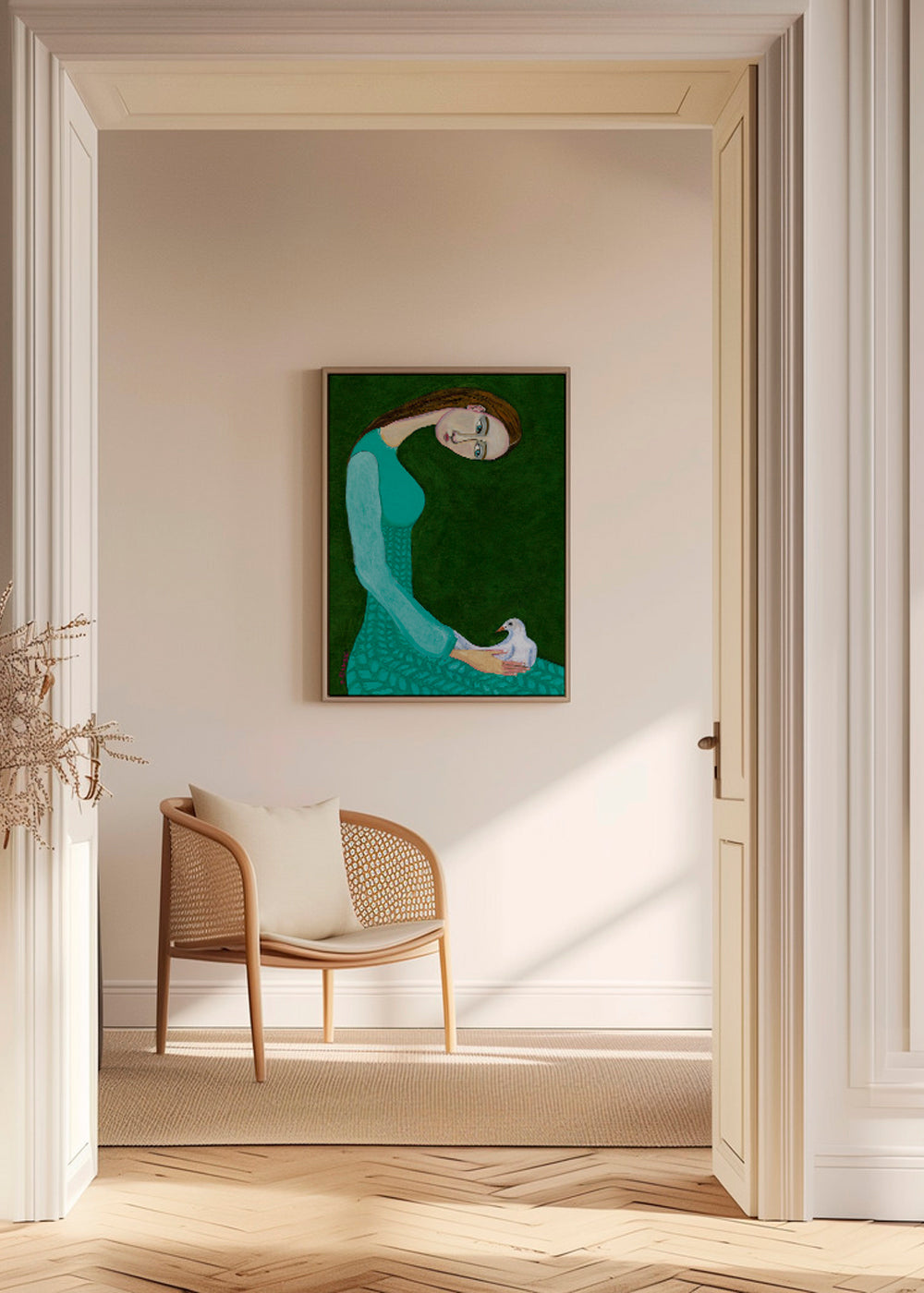 Vrouwelijke illustratie met duif op groen