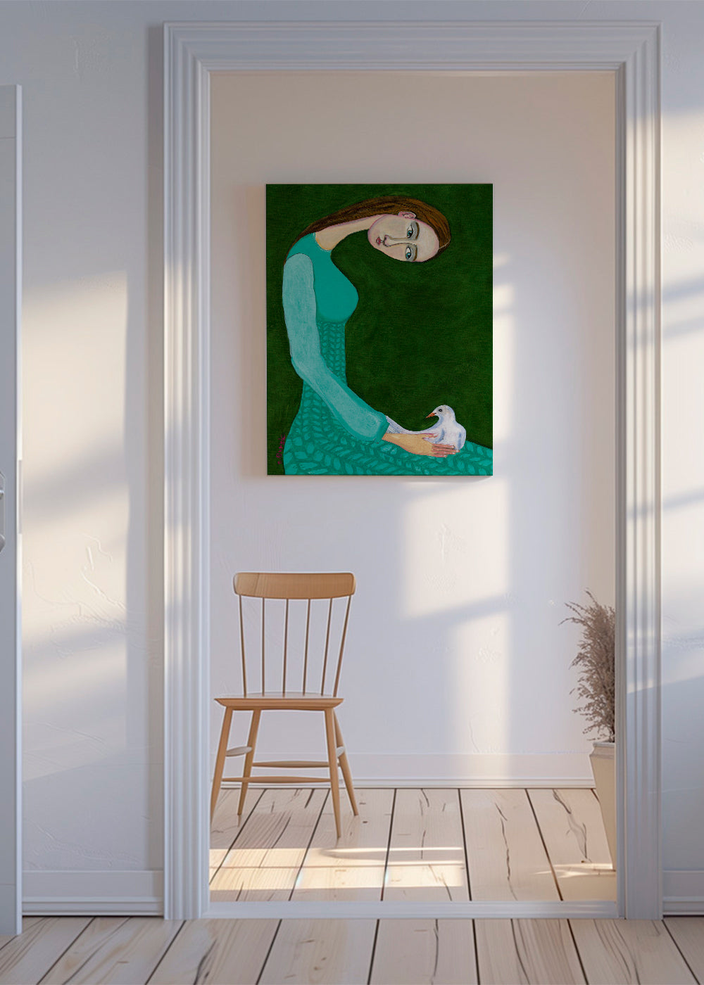 Vrouwelijke illustratie met duif op groen
