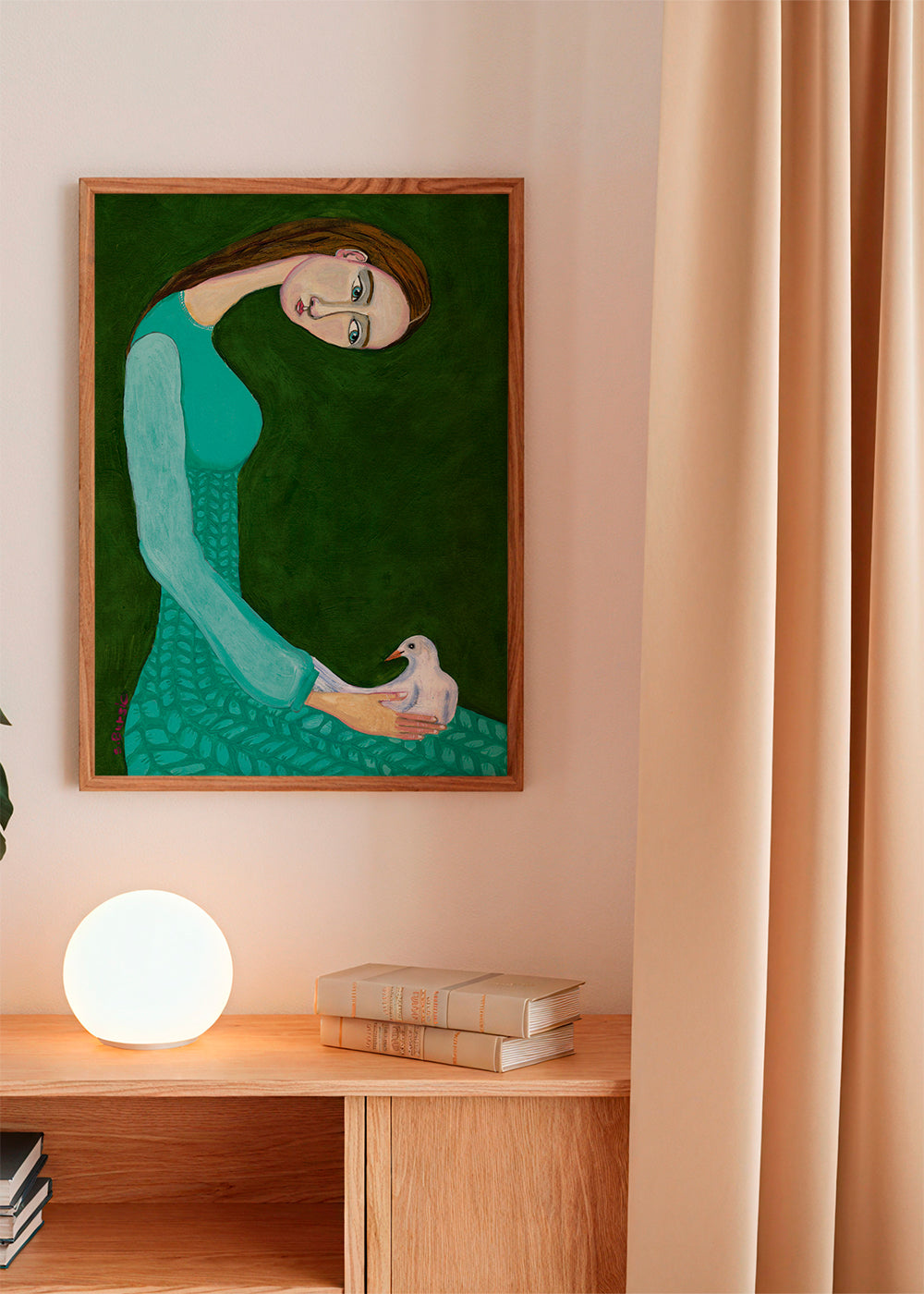 Vrouwelijke illustratie met duif op groen