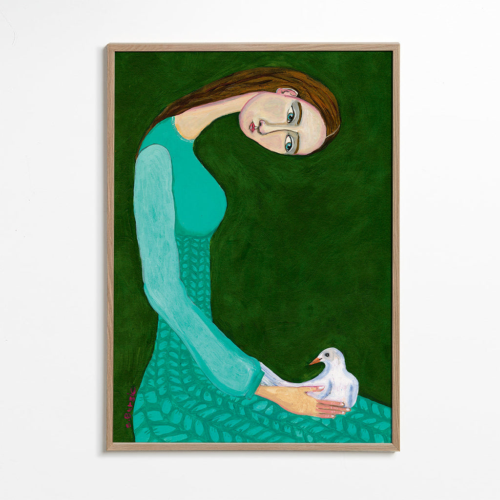 Vrouwelijke illustratie met duif op groen
