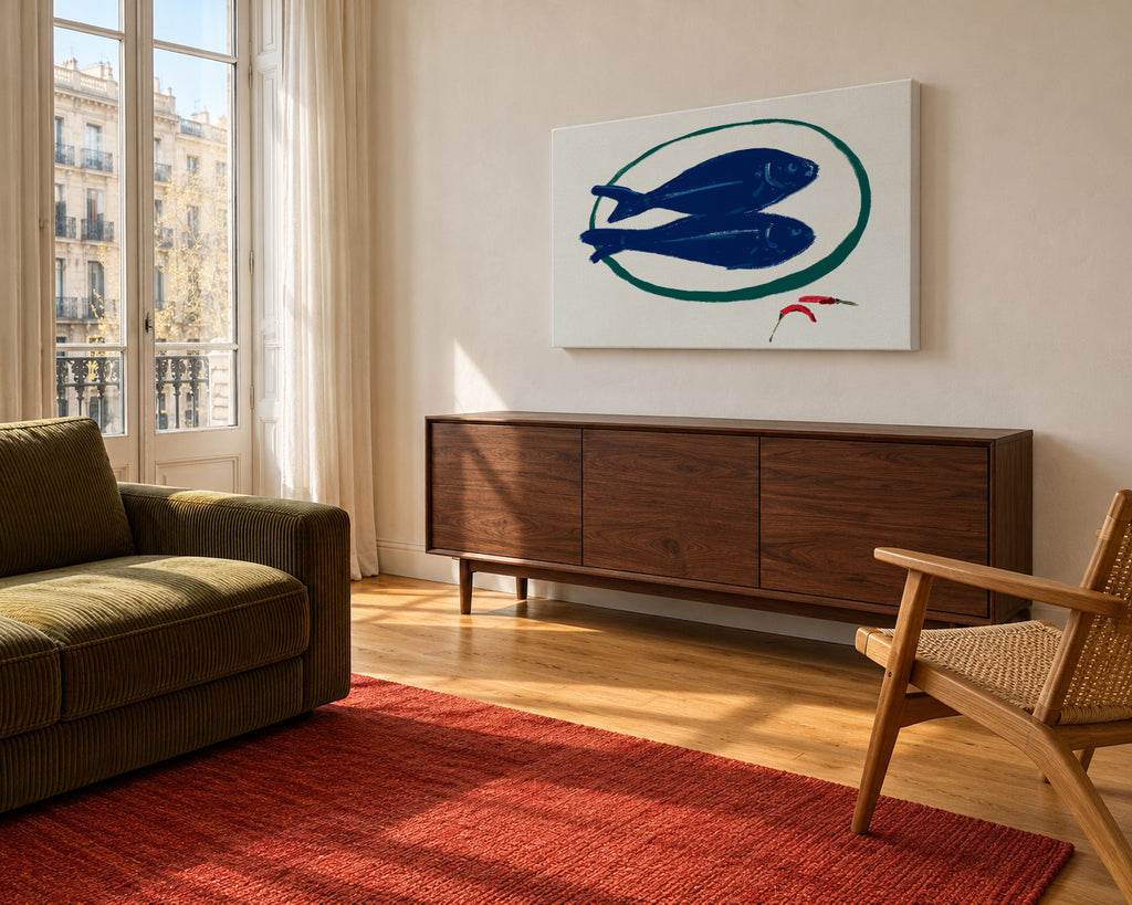 Blue fishes still life - Unframed canvas in an interior