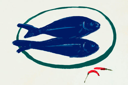 Keuken kunst met blauwe vissen en pepers
