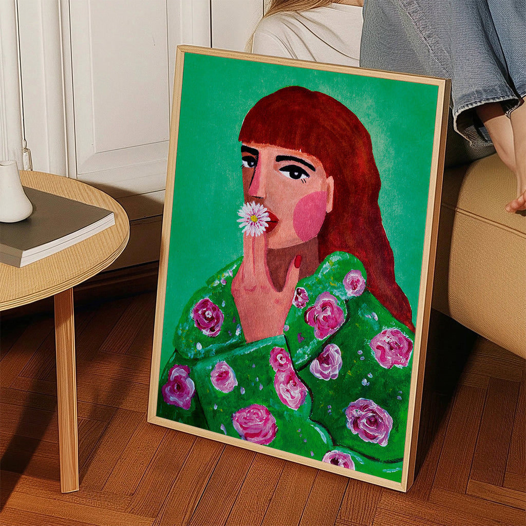 Botanische poster: vrouwenportret met madelief