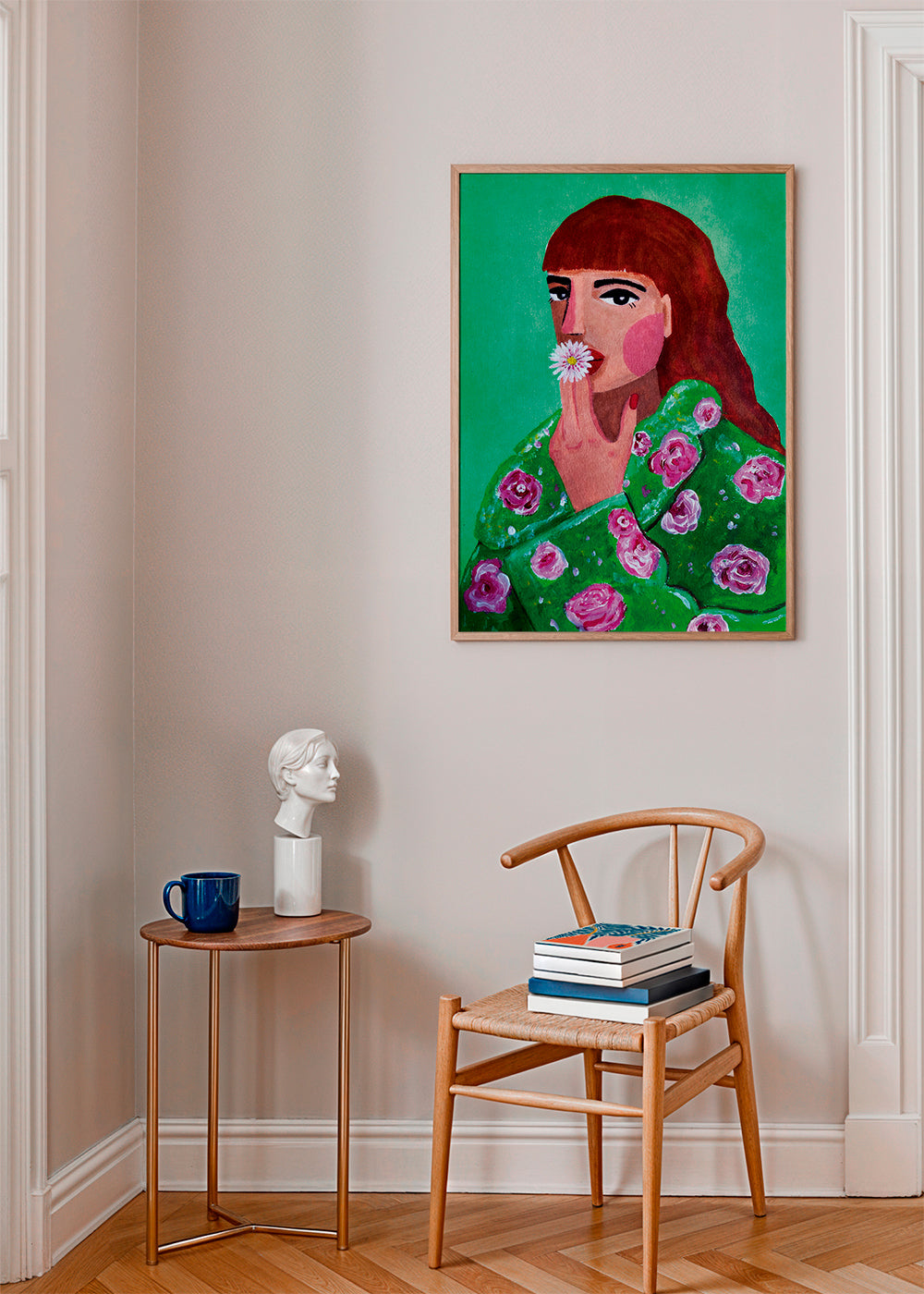 Botanische poster: vrouwenportret met madelief