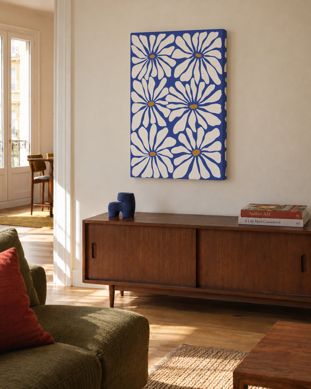 Sunny Floral Blue - Unframed canvas in an interior