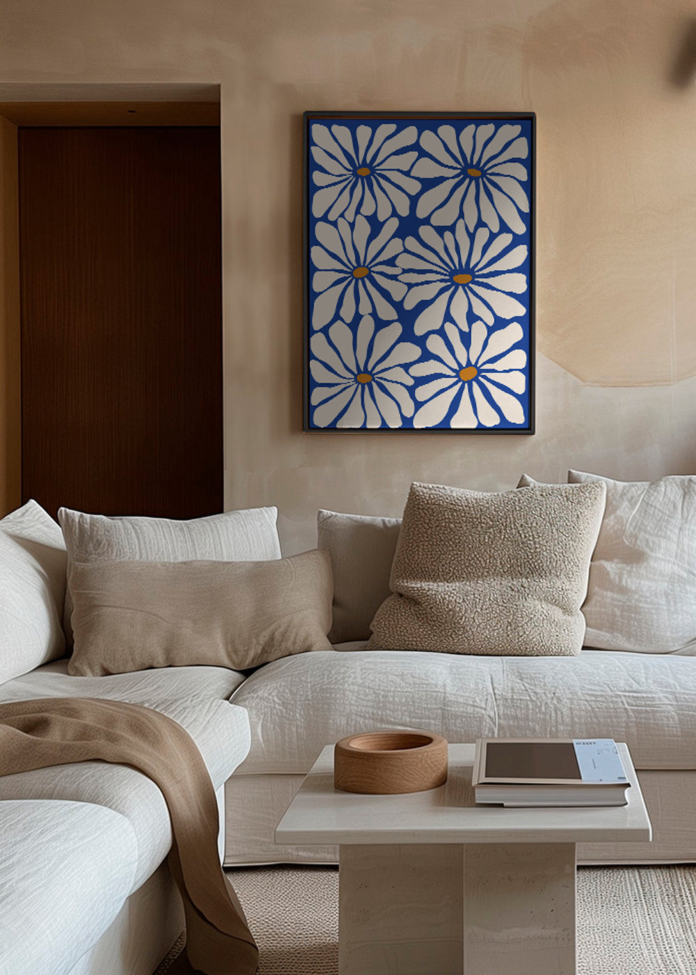 Botanische print witte madeliefjes op blauwe achtergrond