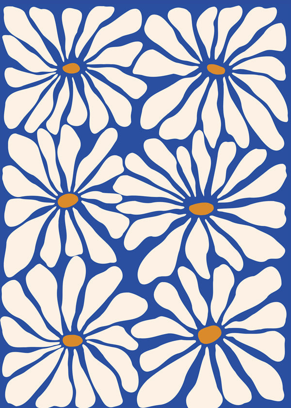 Botanische print witte madeliefjes op blauwe achtergrond