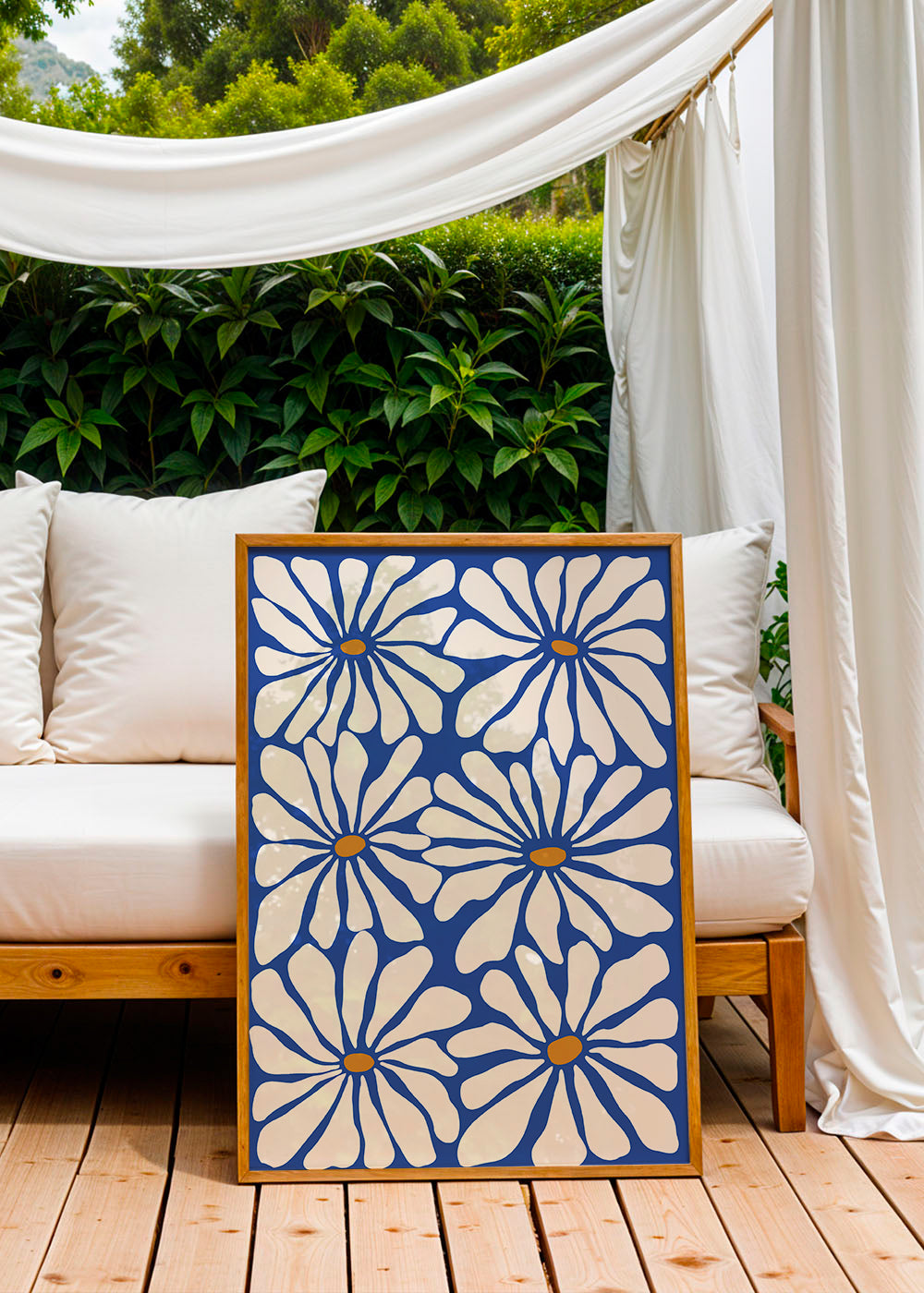 Botanische print witte madeliefjes op blauwe achtergrond