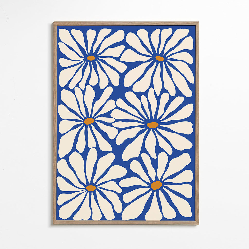 Botanische print witte madeliefjes op blauwe achtergrond