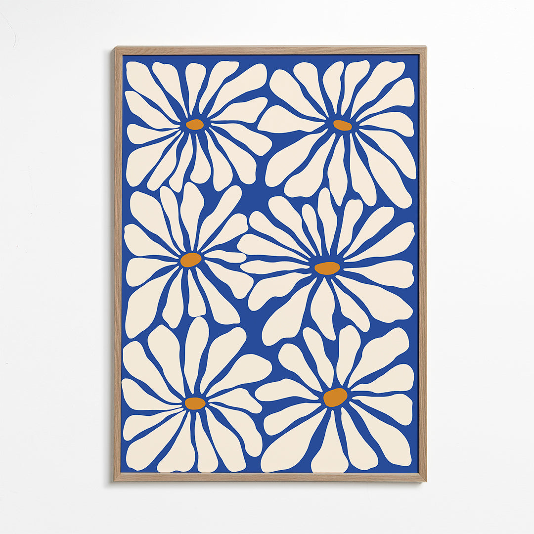 Botanische print witte madeliefjes op blauwe achtergrond