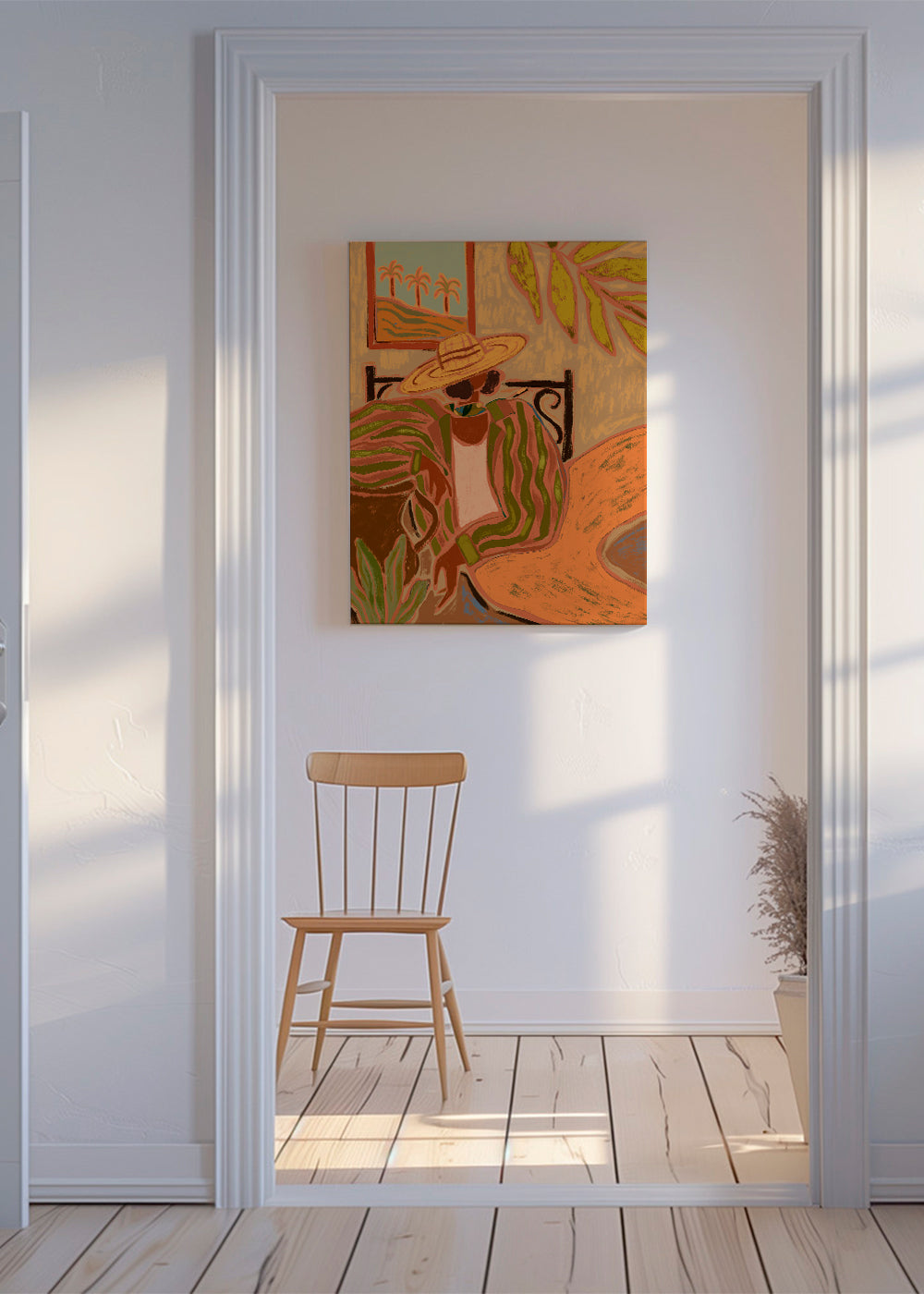 Botanische print: vrouw met hoed en bladeren
