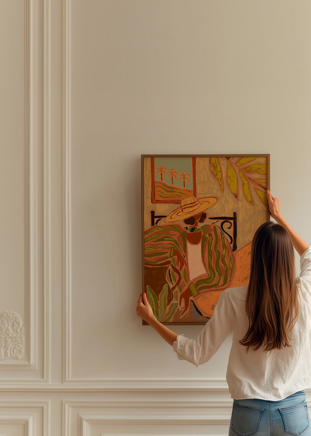 Botanische print: vrouw met hoed en bladeren