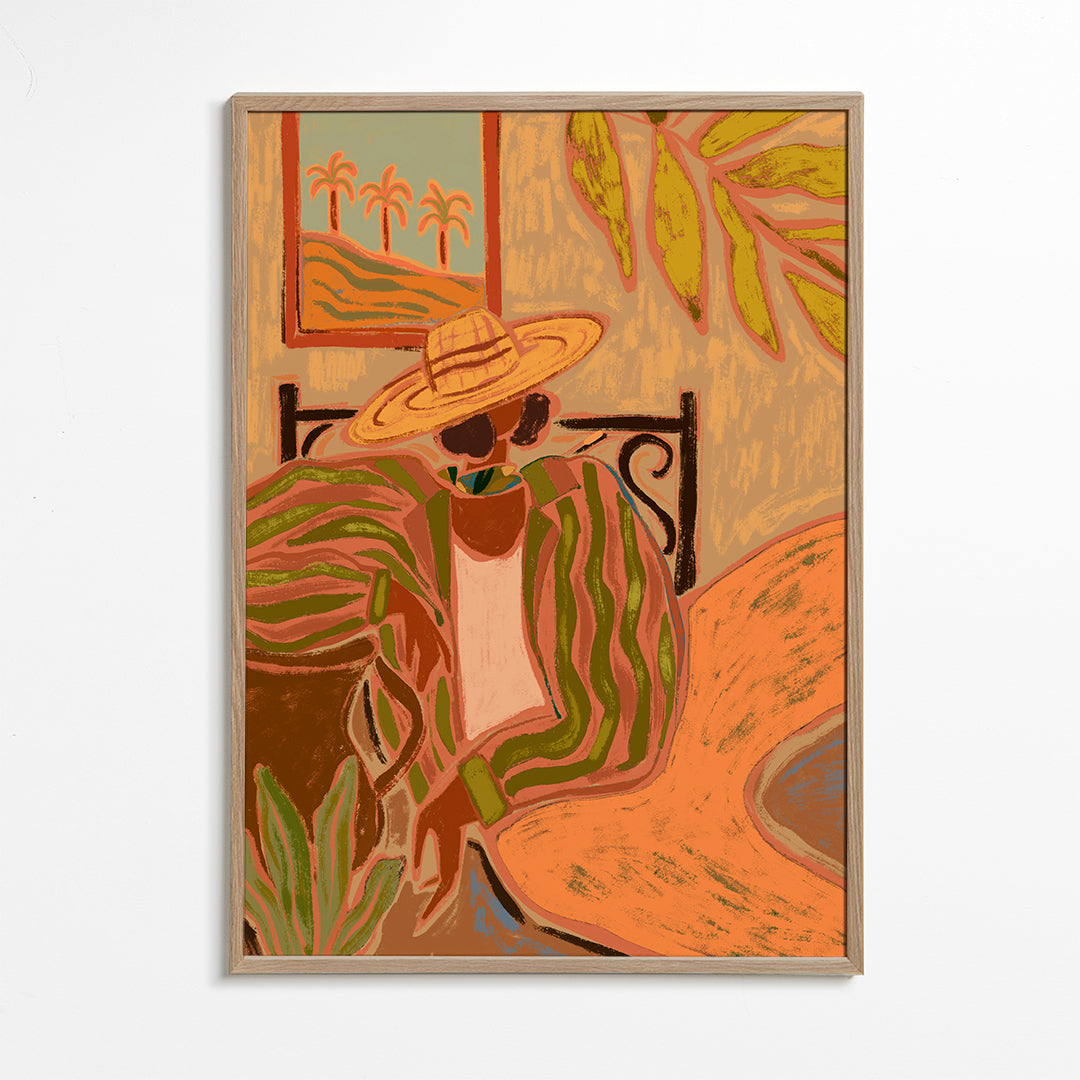 Botanische print: vrouw met hoed en bladeren