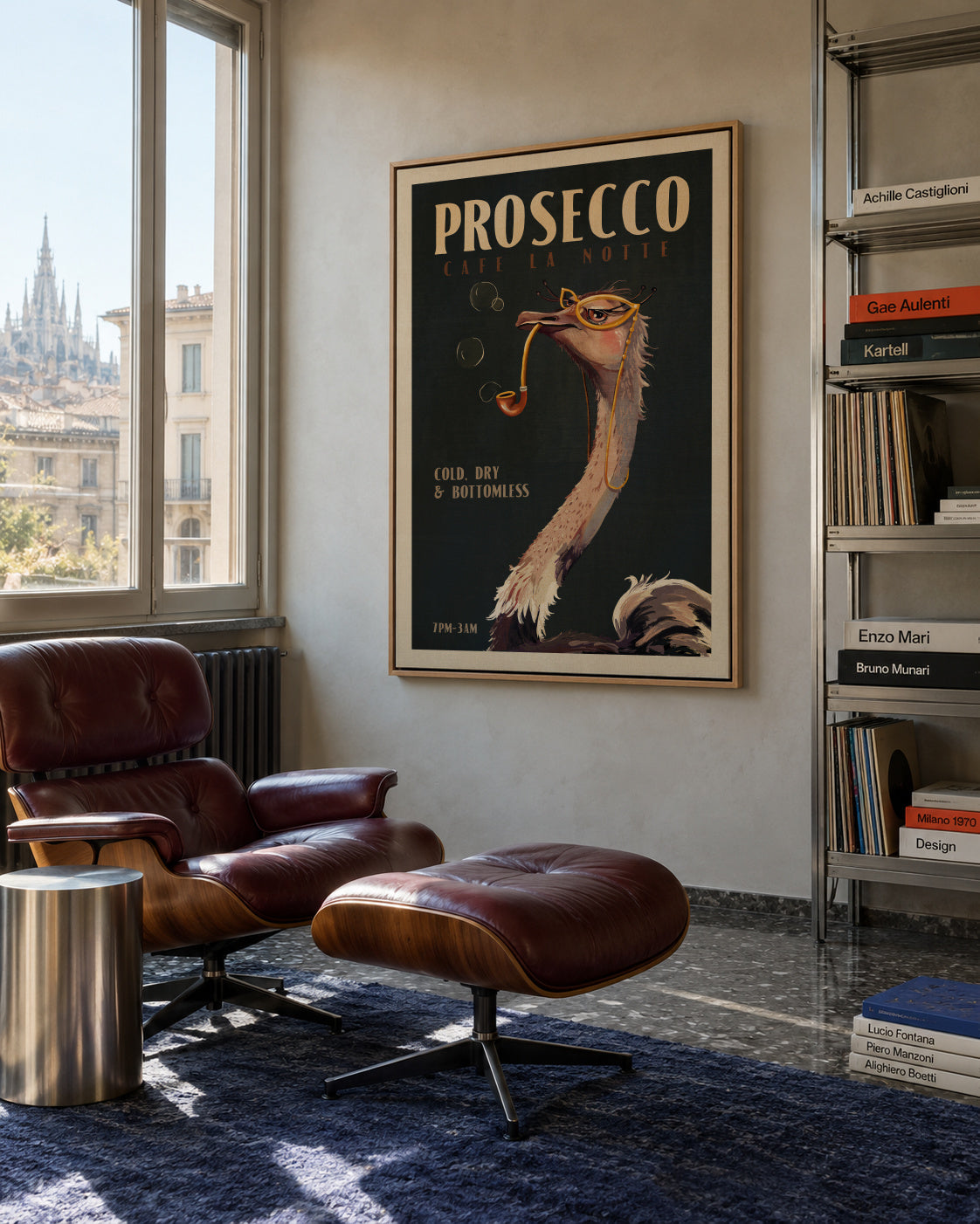 Cute Art Deco Prosecco Poster Of An Ostrich - Framed canvas in an interior