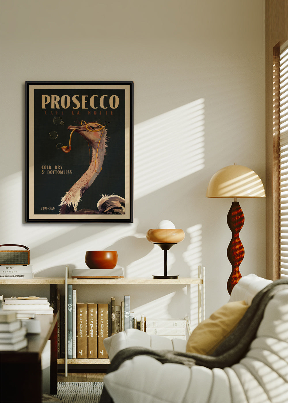 Cute Art Deco Prosecco Poster Of An Ostrich - Framed canvas in an interior