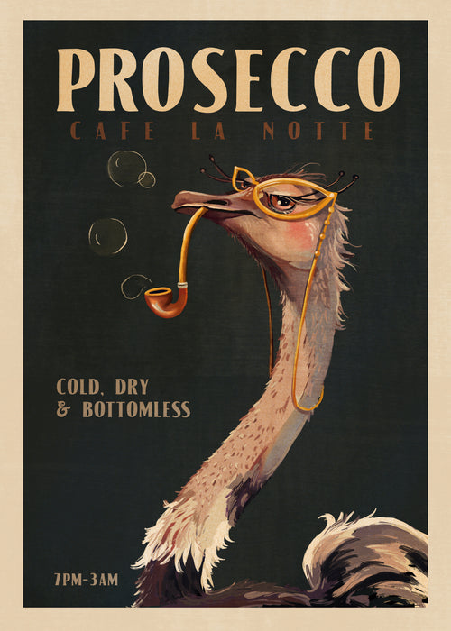 Cute Art Deco Prosecco Poster Of An Ostrich - Obra sin marco