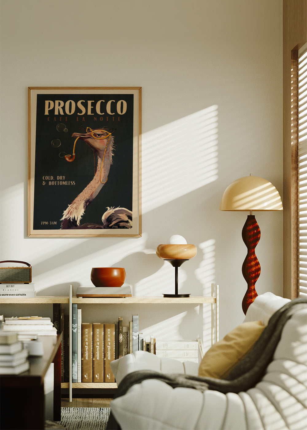 Cute Art Deco Prosecco Poster Of An Ostrich - Framed poster in an interior