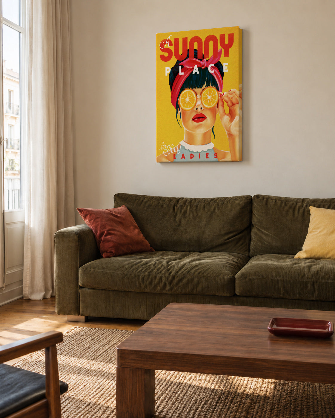 A Sunny Place For Shady Ladies Orange Pinup Art - Unframed canvas in an interior