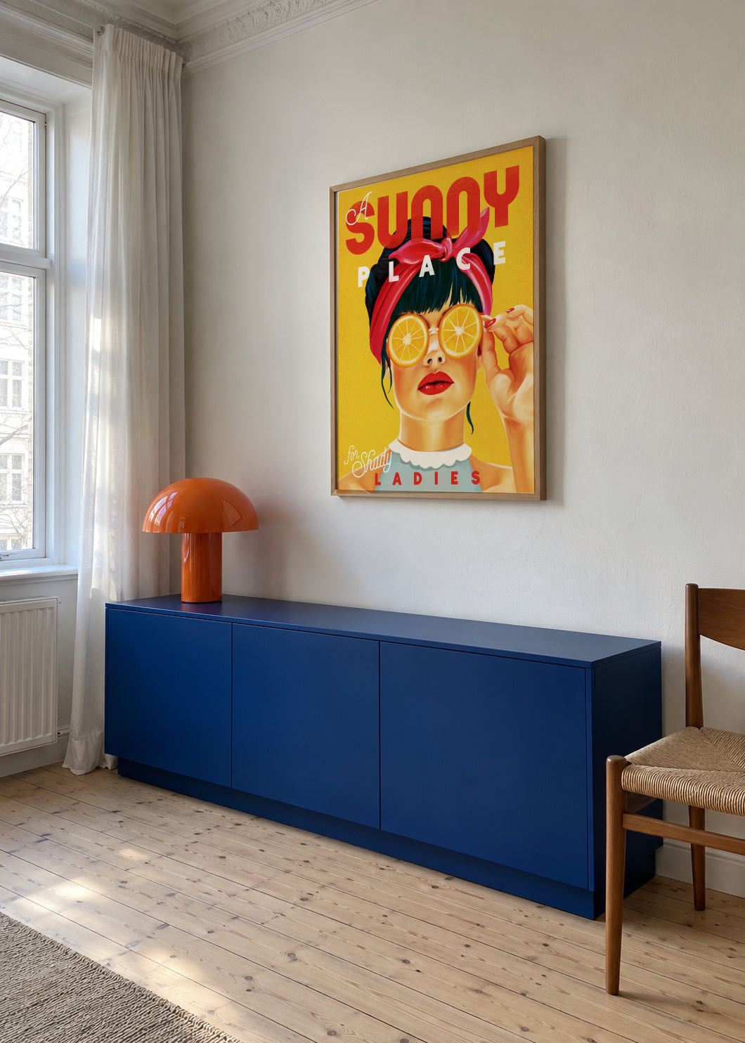 A Sunny Place For Shady Ladies Orange Pinup Art - Framed poster in an interior