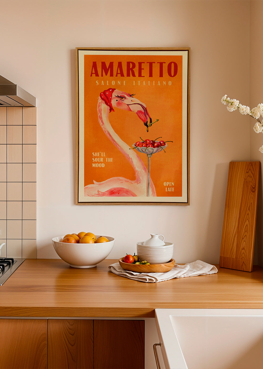 Keuken kunst vintage flamingo met cocktail