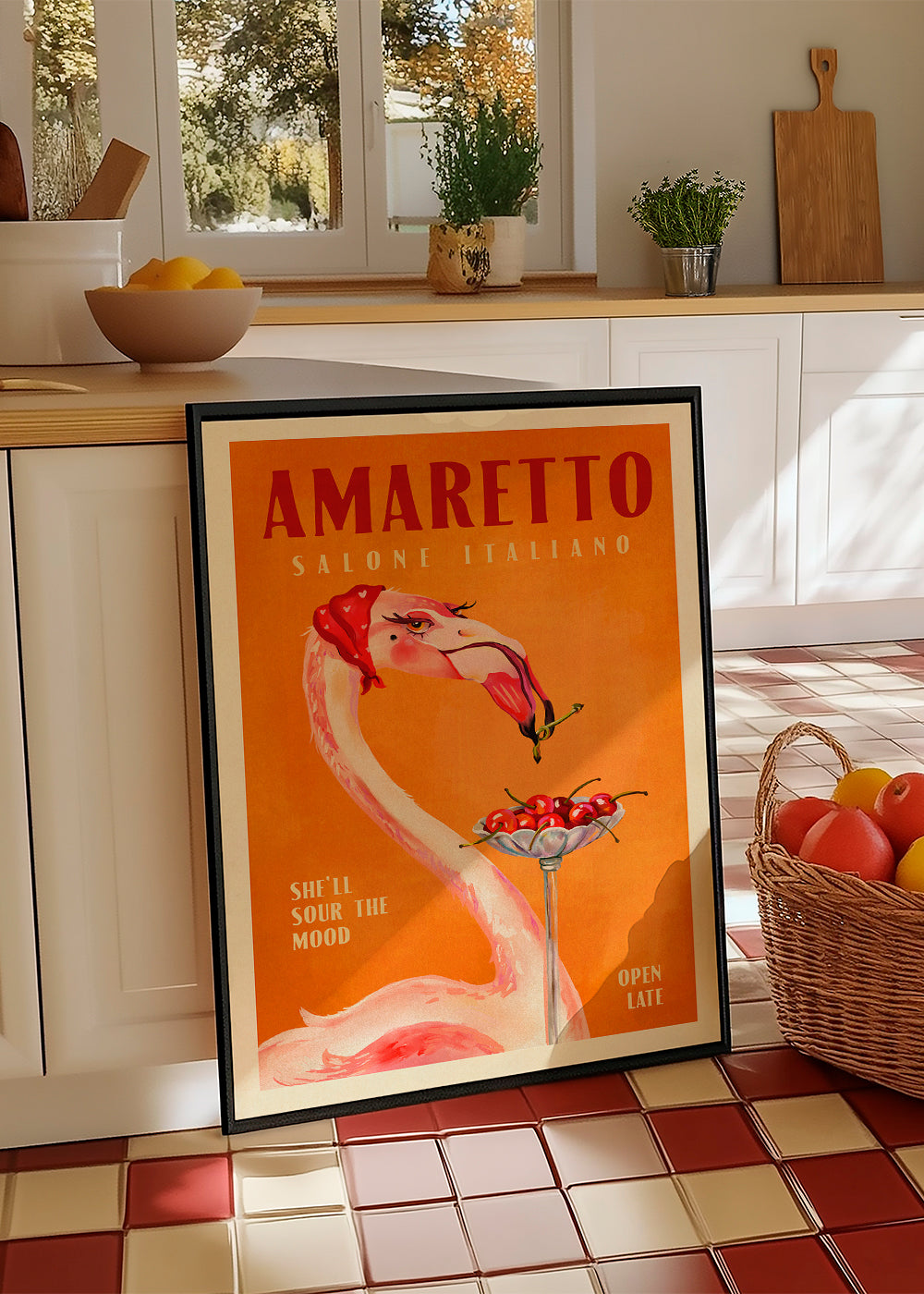 Keuken kunst vintage flamingo met cocktail