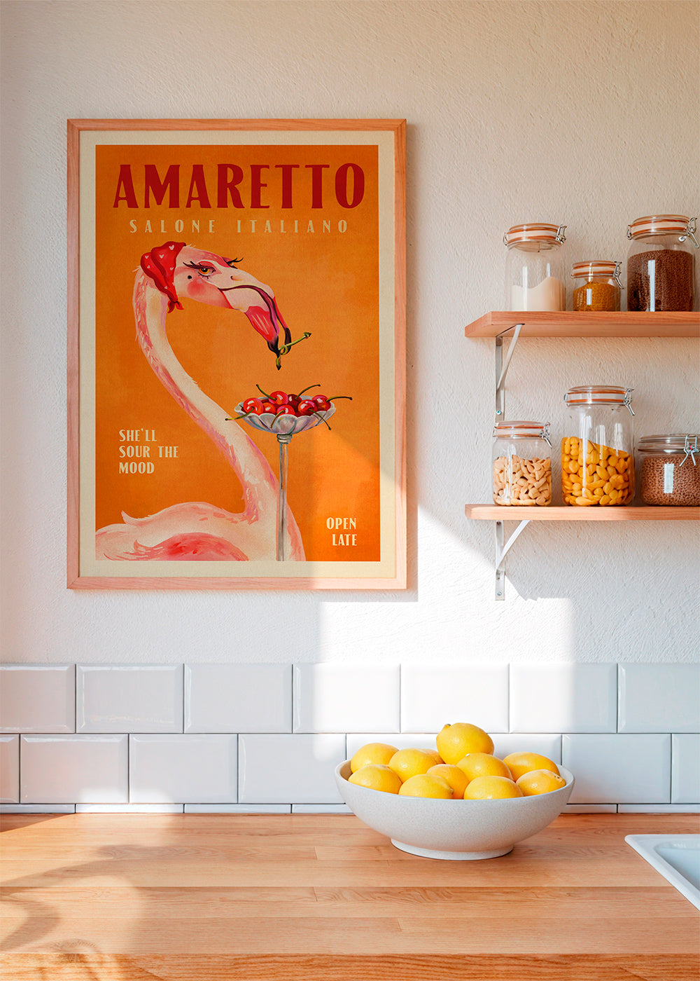 Keuken kunst vintage flamingo met cocktail