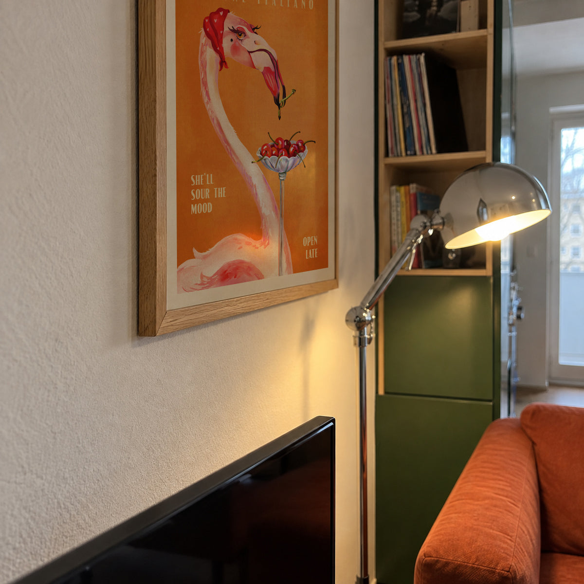 Amaretto Flamingo Art Deco Italian Cafe Travel Art - Framed poster detail