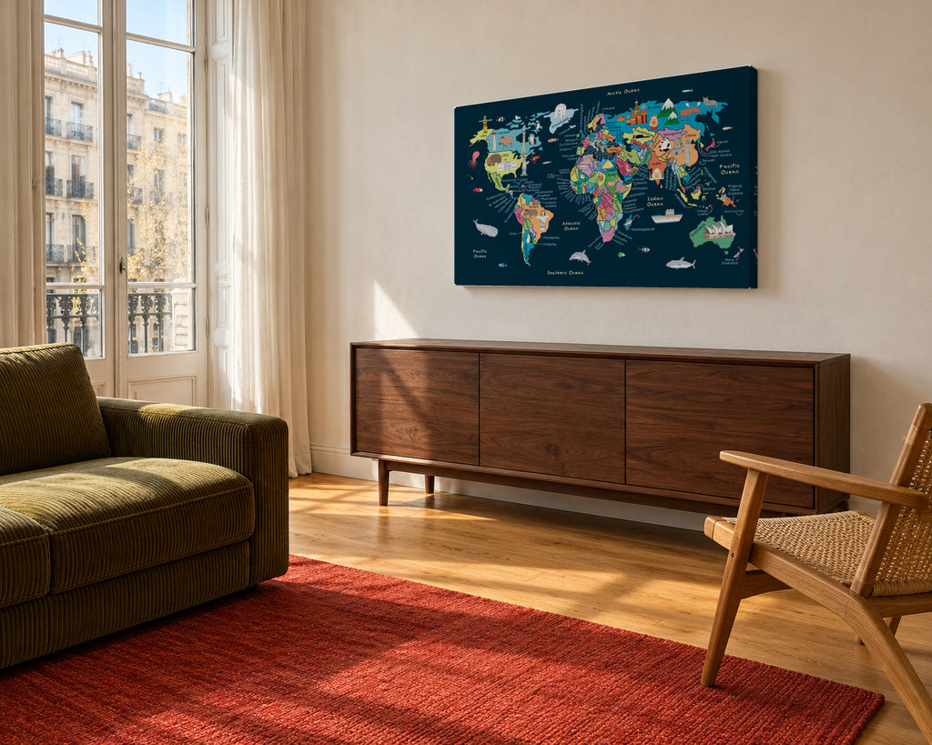 Educational Illustrated Map of the World for Kids - Unframed canvas in an interior