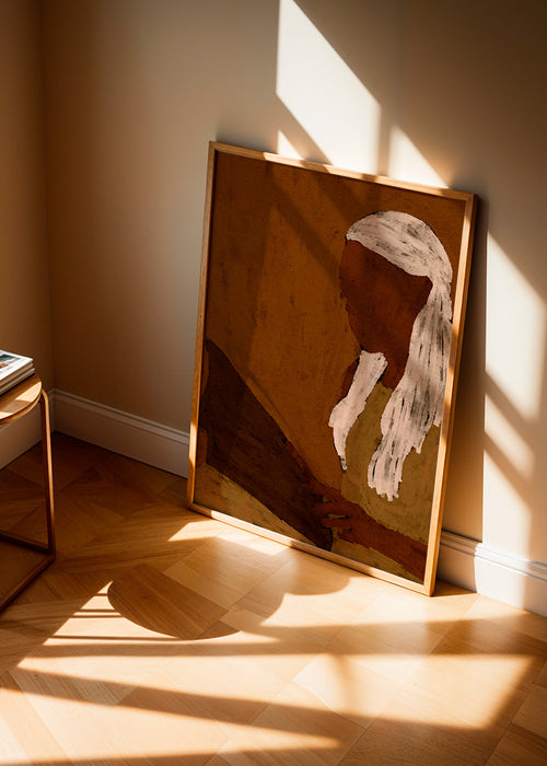 Abstracte kunst: figuur lezend in aardetinten