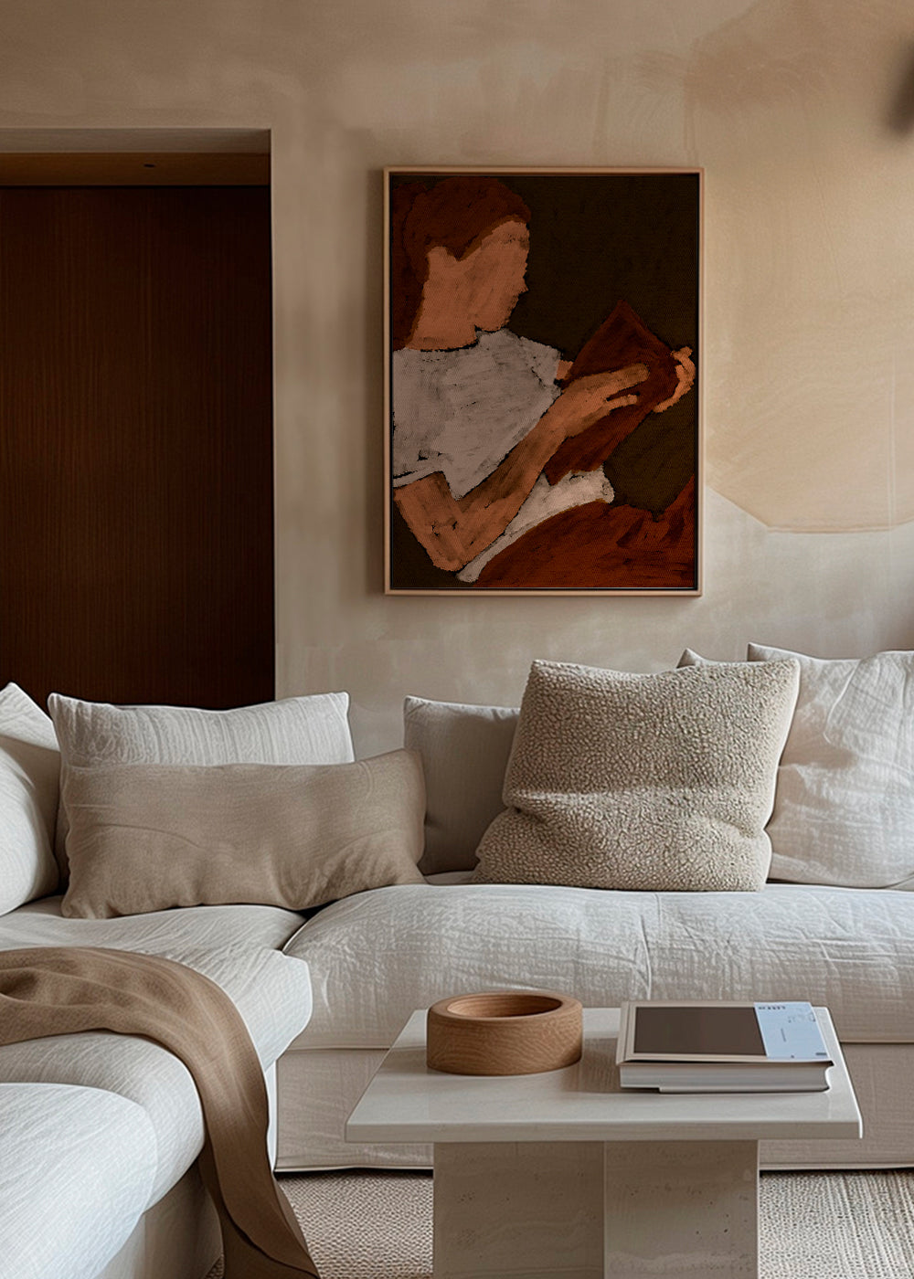 Abstracte kunst met lezer in aardetinten