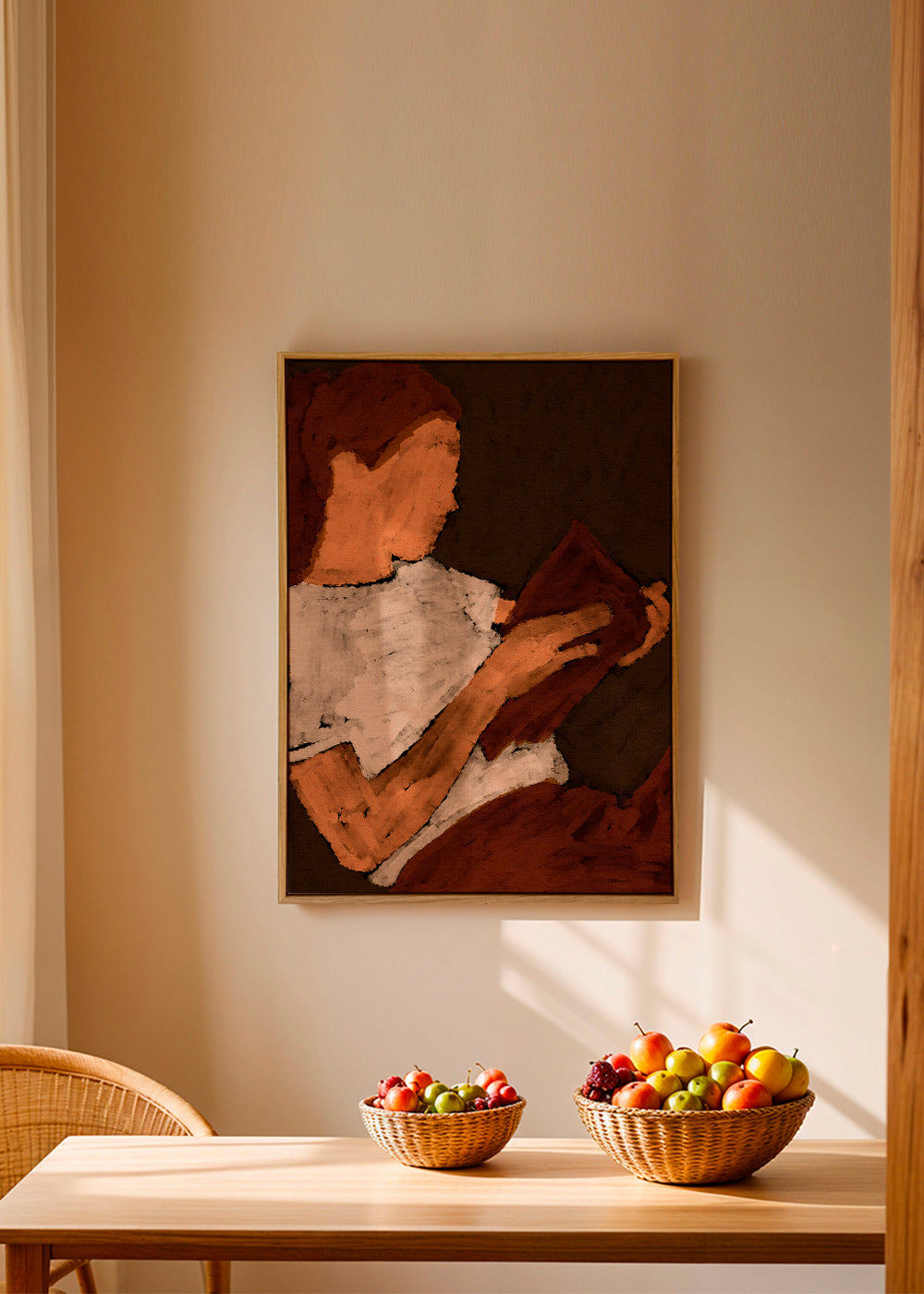 Abstracte kunst met lezer in aardetinten