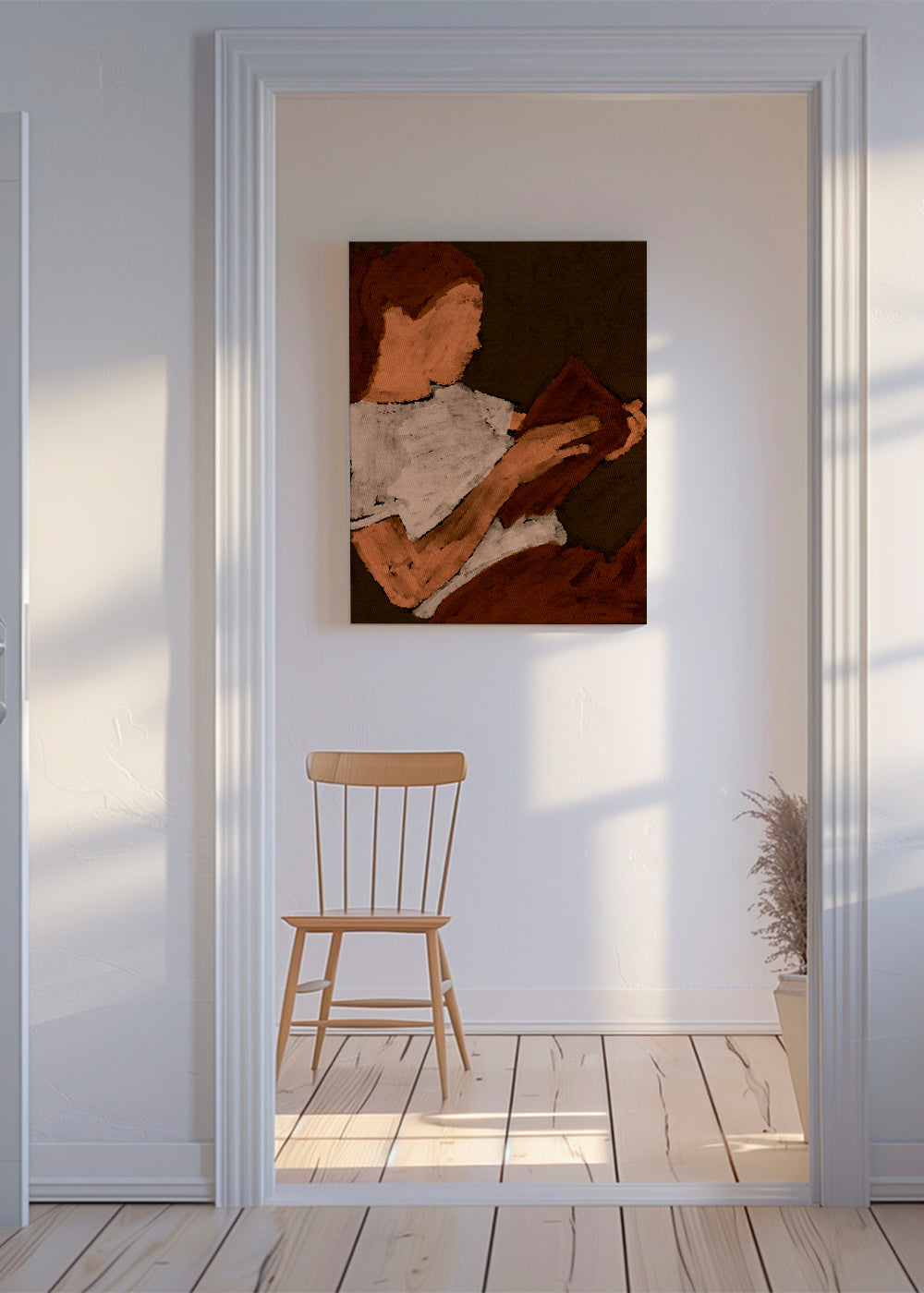 Abstracte kunst met lezer in aardetinten