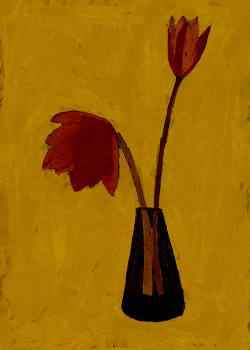 Botanische print met rode tulpen op geel veld