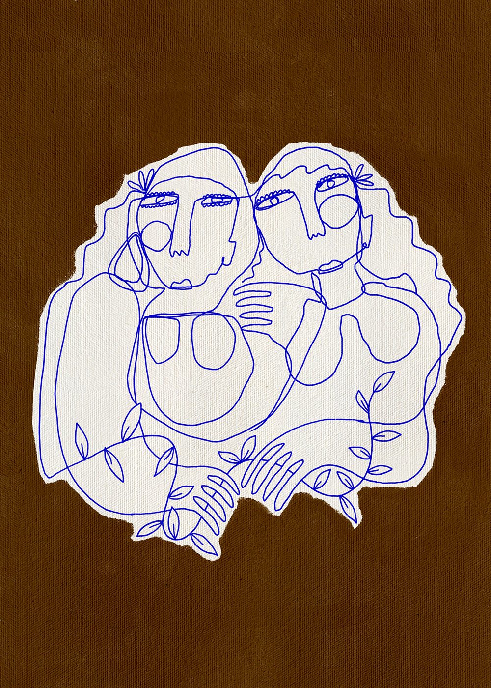 Lijnillustratie van twee omhelzende figuren
