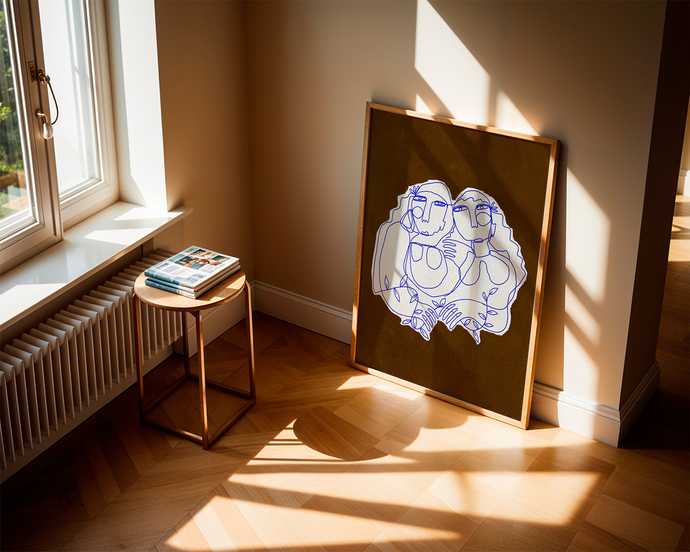 Lijnillustratie van twee omhelzende figuren