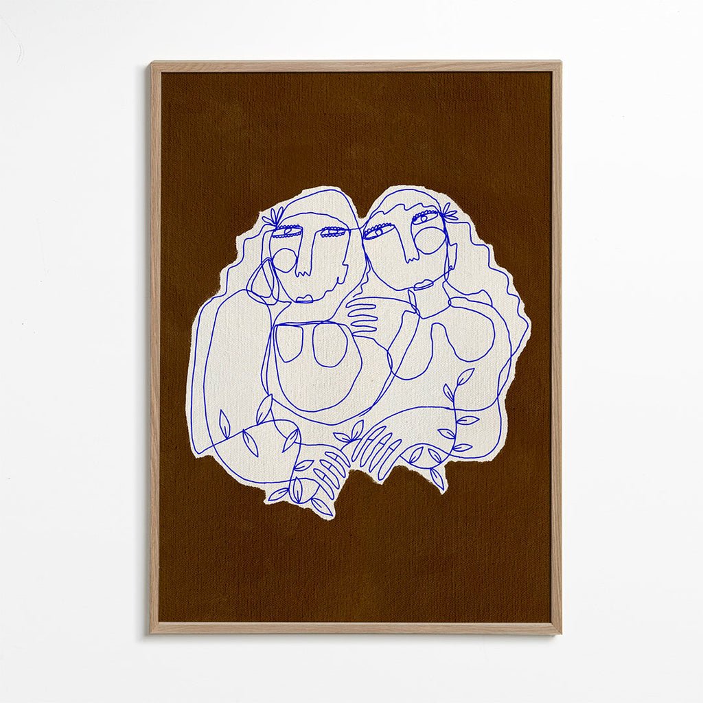 Lijnillustratie van twee omhelzende figuren