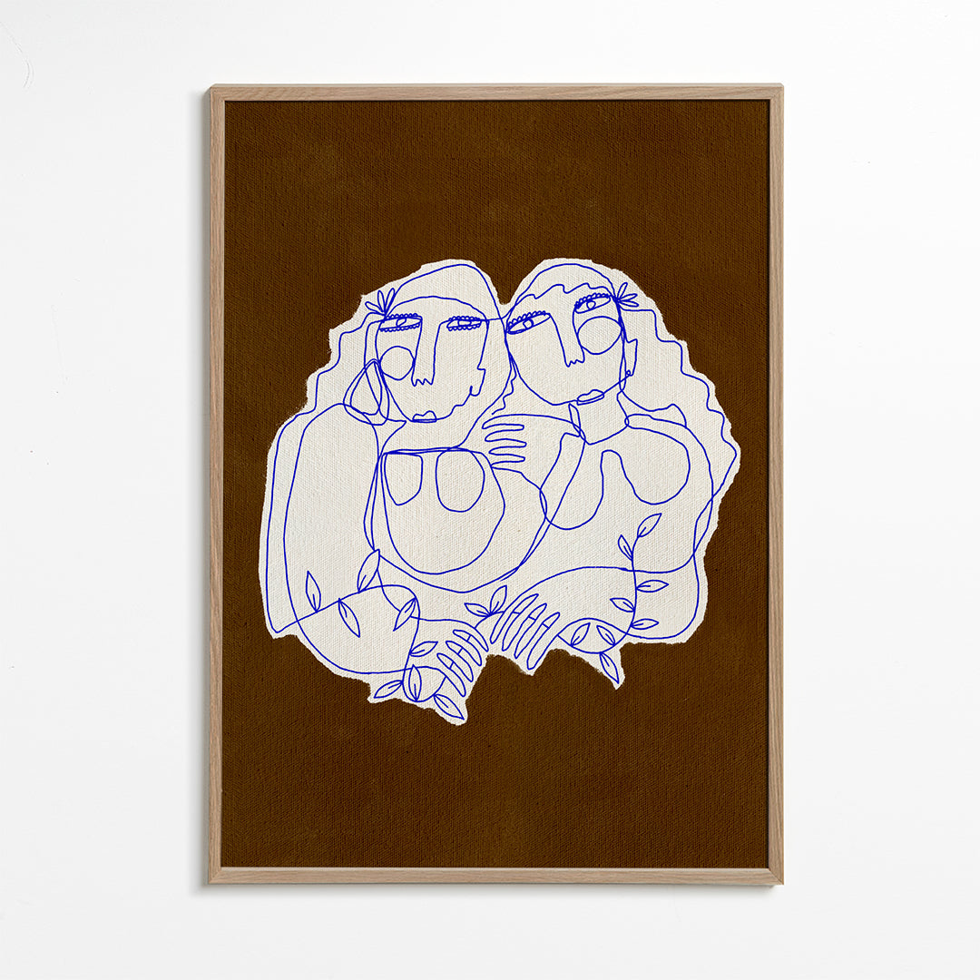 Lijnillustratie van twee omhelzende figuren