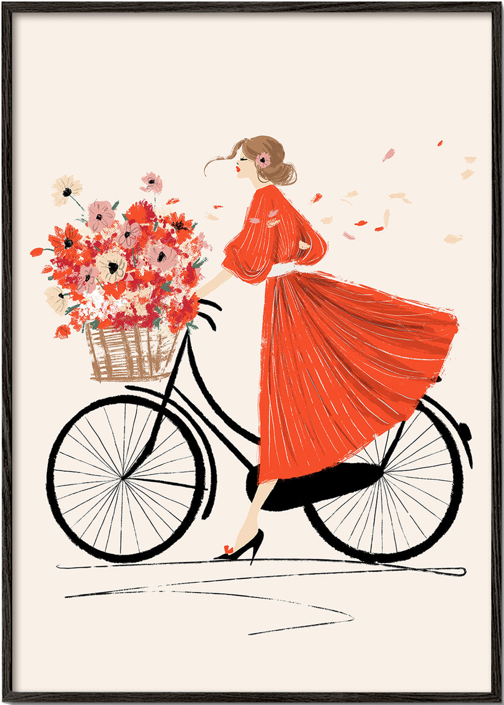 Illustratie: fiets met bloemen en rode jurk