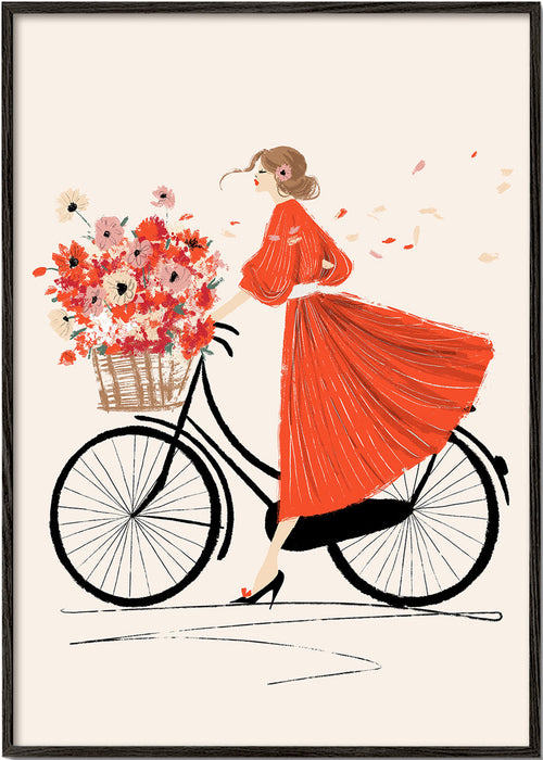 Illustratie: fiets met bloemen en rode jurk