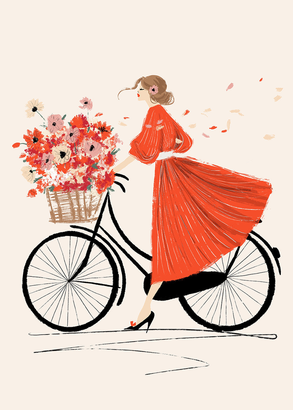 Illustratie: fiets met bloemen en rode jurk