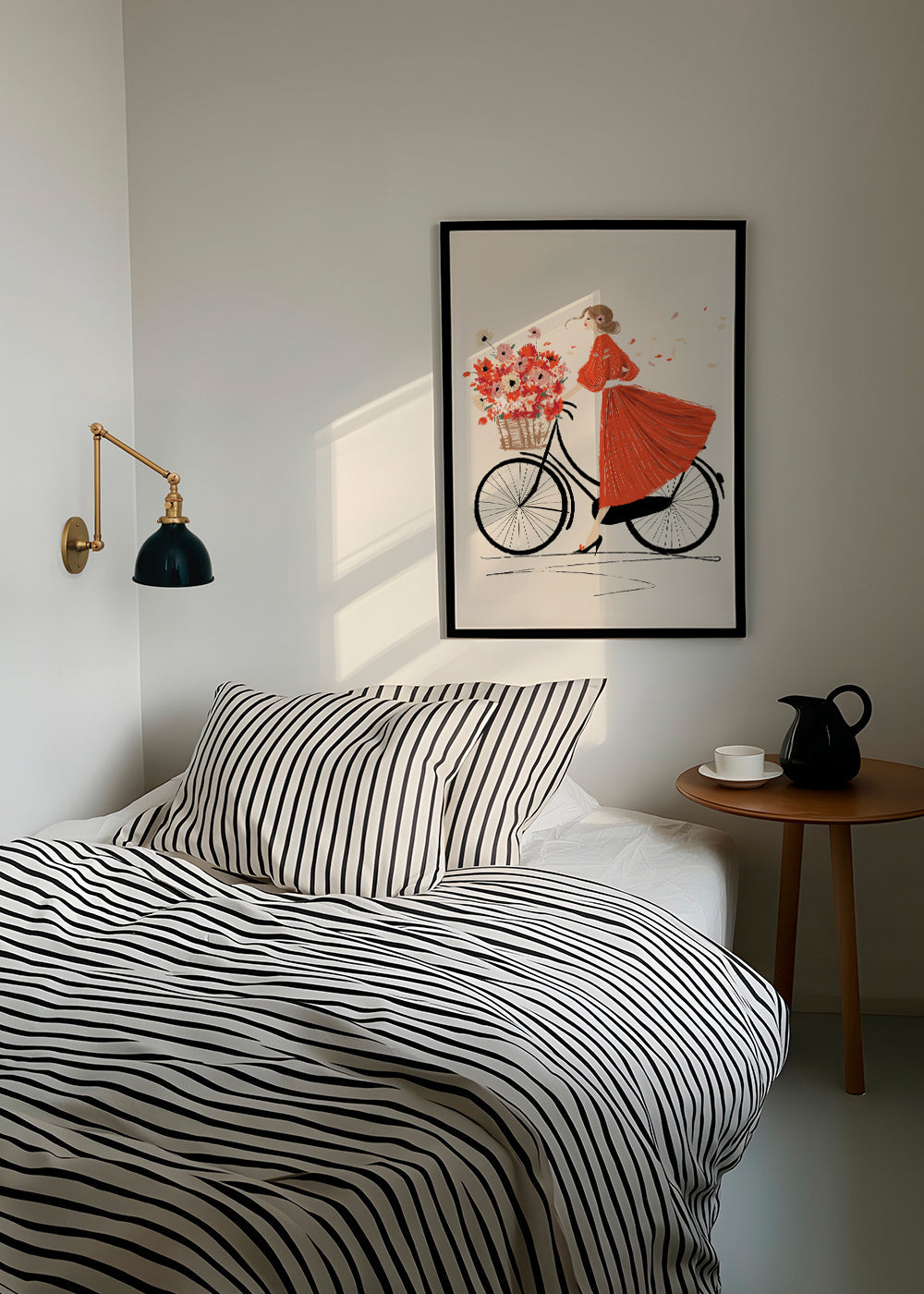 Illustratie: fiets met bloemen en rode jurk