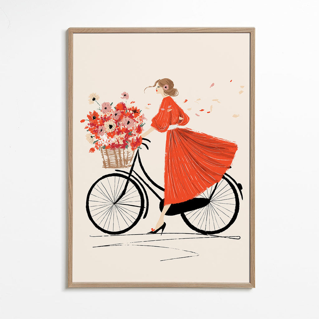 Illustratie: fiets met bloemen en rode jurk