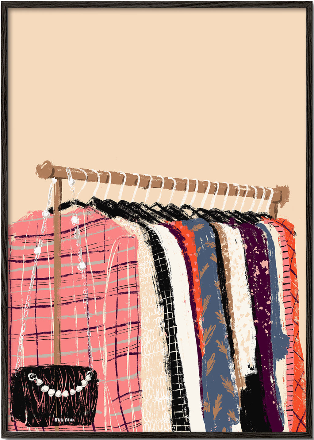 Illustratie kledingrek met modeitems