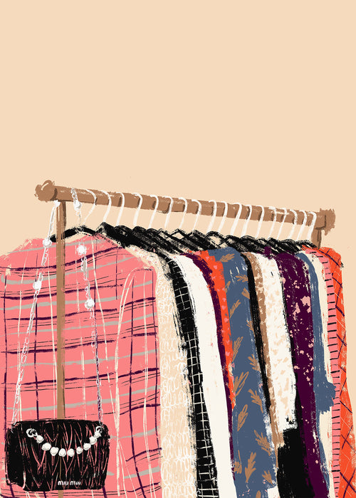 Illustratie kledingrek met modeitems