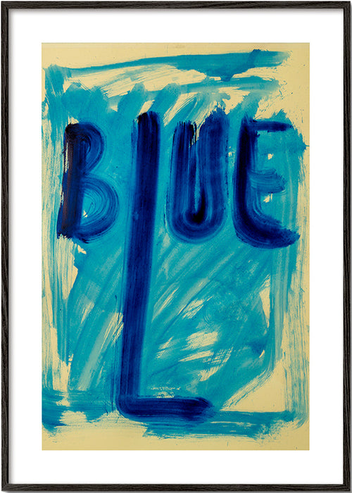 Abstract kunstwerk met handgeschilderde blauwe typografie – Black Frame