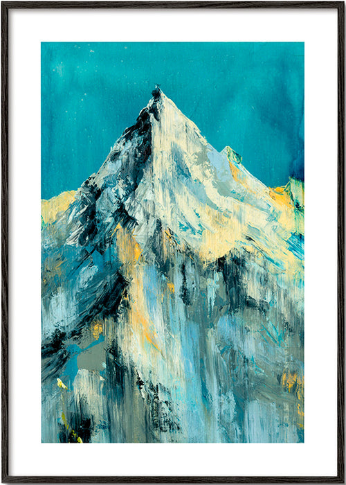 Landschapsschilderij met besneeuwde top en turquoise vegen – Black Frame