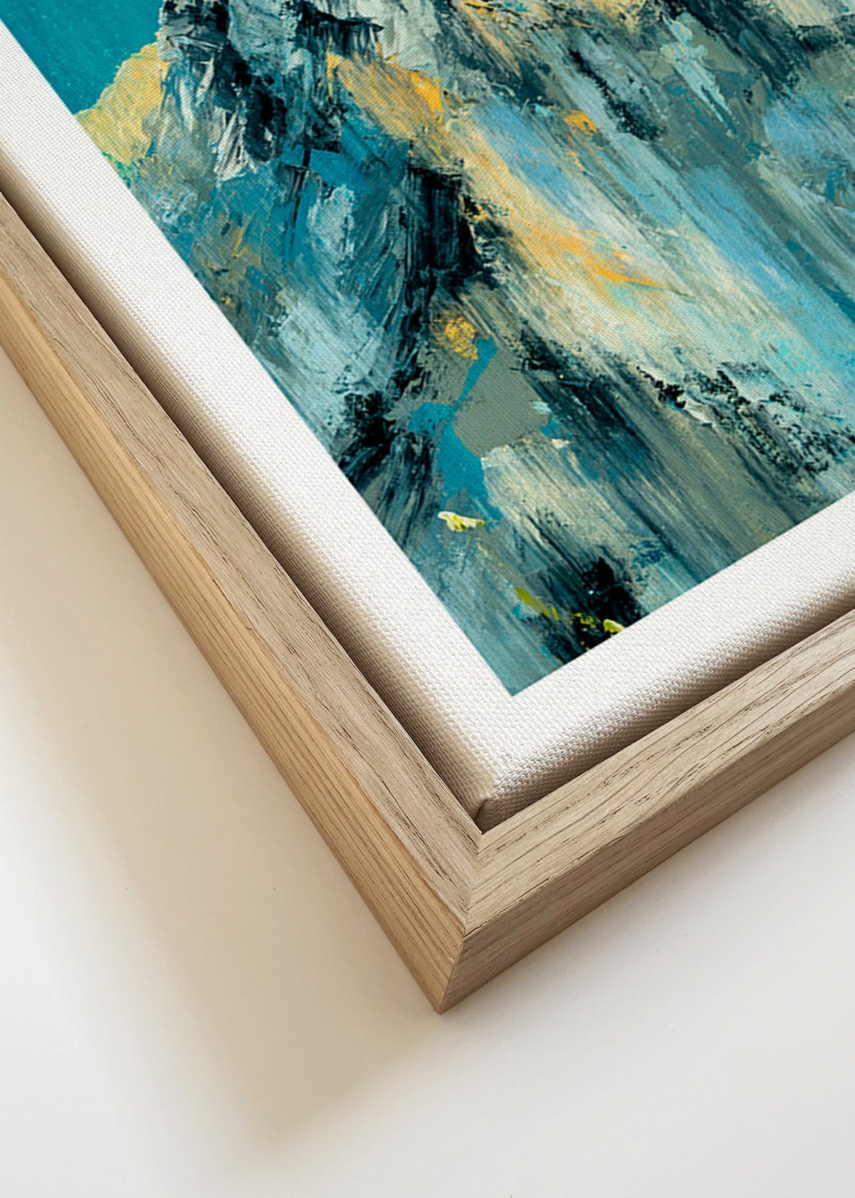 Landschapsschilderij met besneeuwde top en turquoise vegen – Canvas detail