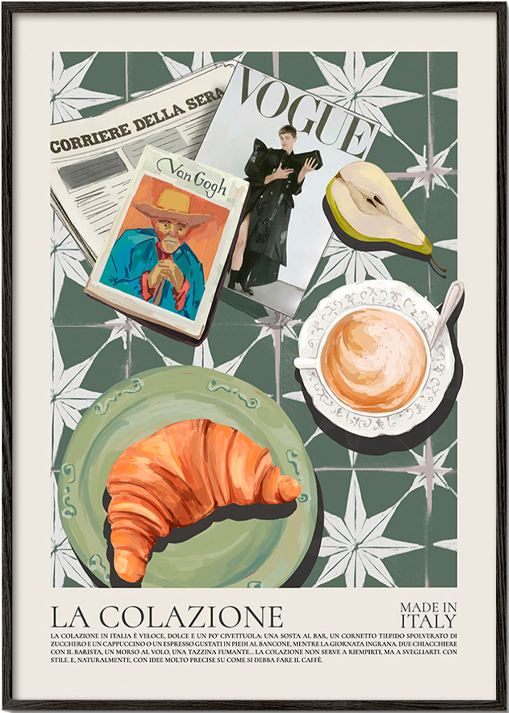 Keukenkunst met croissant en tijdschrift