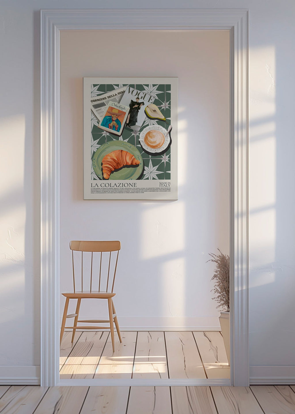 Keukenkunst met croissant en tijdschrift