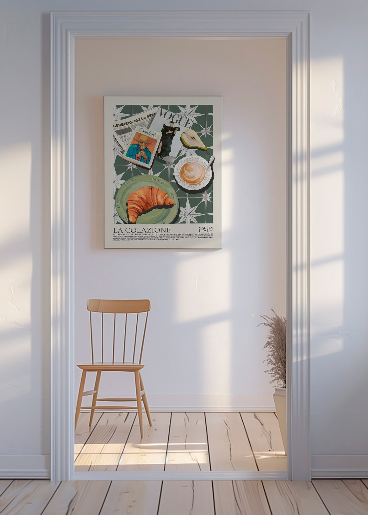 Keukenkunst met croissant en tijdschrift